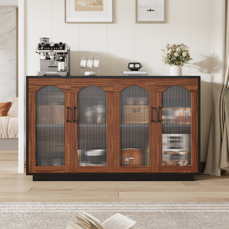 Buffet 55,1 "avec rangement, armoire de cuisine moderne avec 4 portes en verre cannelé, table basse en bois, Brun