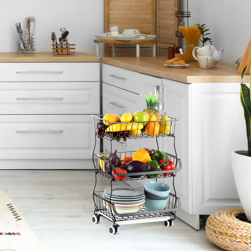 Support à fruits à trois niveaux avec roulettes en métal noir