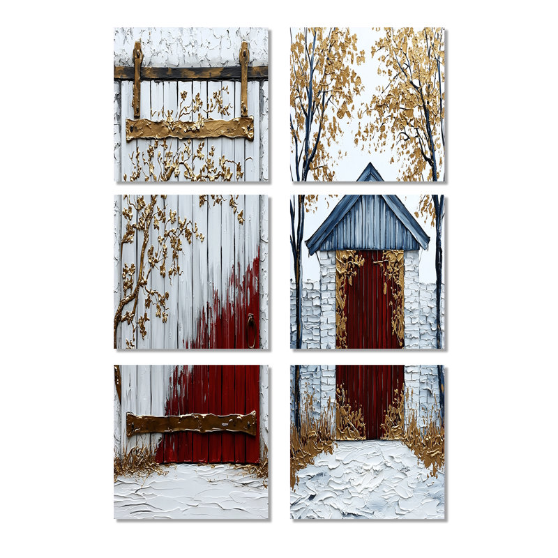 Beauté de porte de grange blanche accentuée de rouge - ensemble de 6 impressions sur toile de porte de grange, Toile tendue