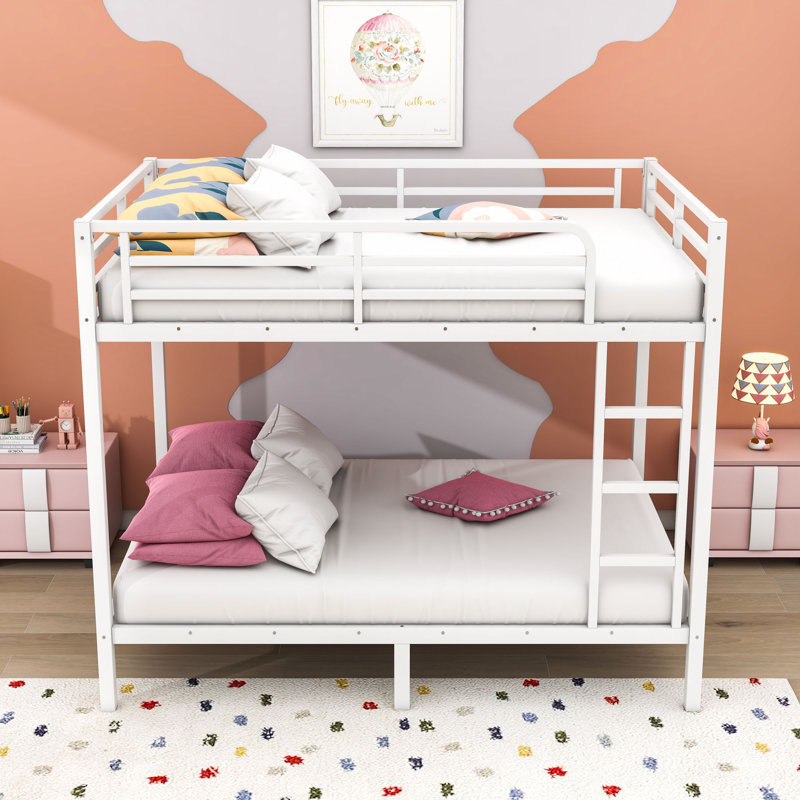 Metal Bunk Bed With Guardrails And Ladder, Full Over Full, White