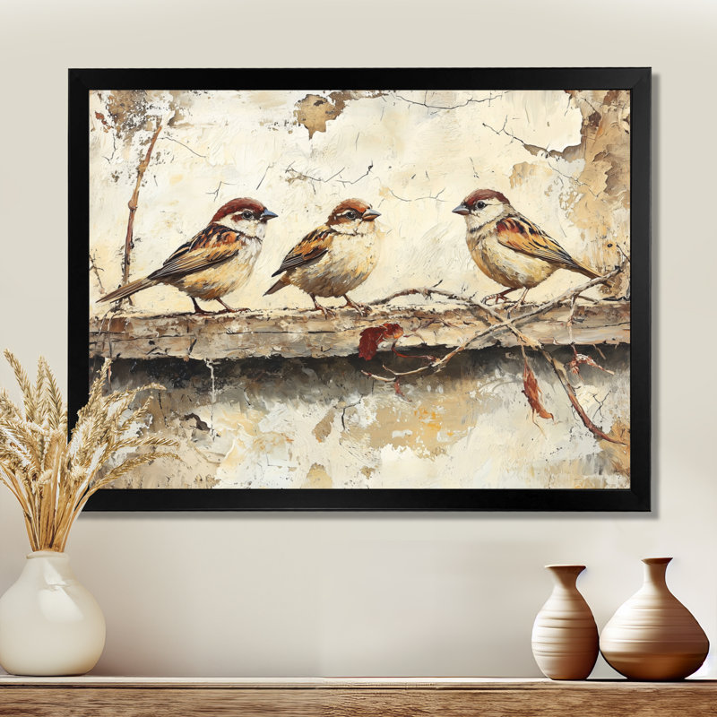 Bird Sparrows By The Farm House - art mural grand oiseau, 30" H x 40" W, Cadre simple, Noir