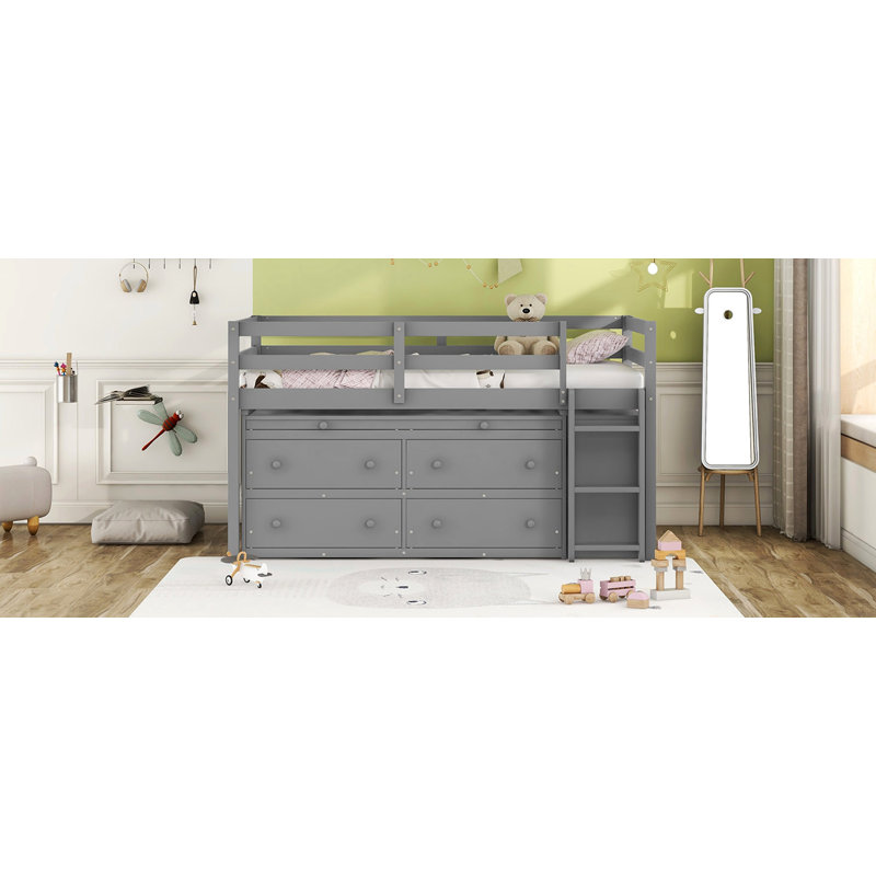 Lit mezzanine simple avec bureau d'écriture rétractable et 4 tiroirs, Gris