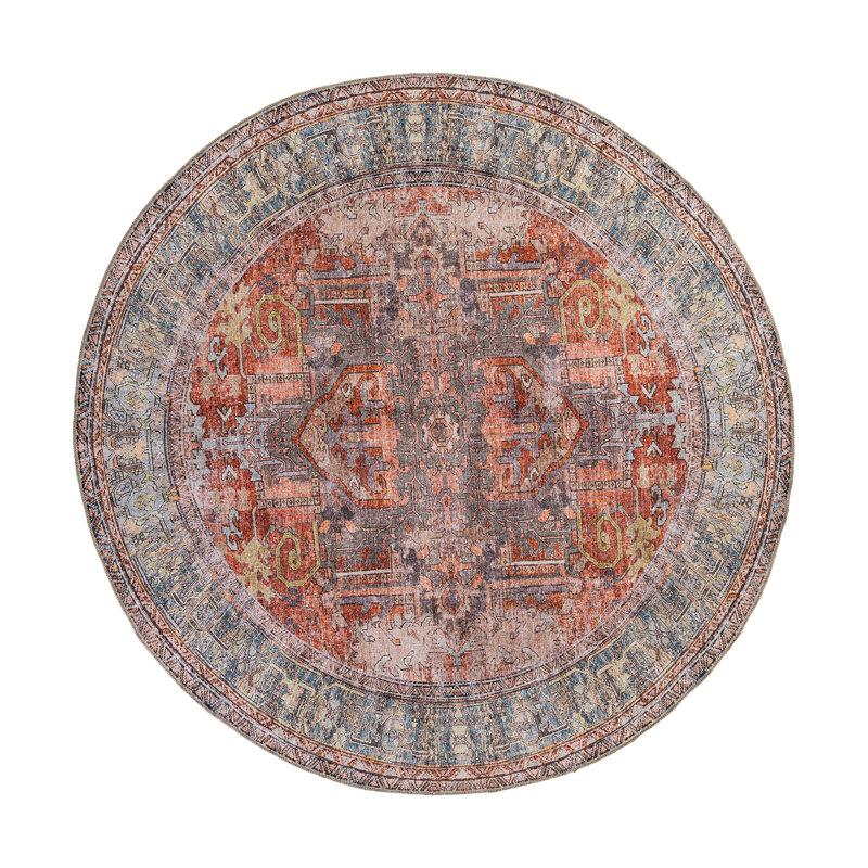 Labarbera Oriental Machine Washable Red/Blue Non-Slip Backing Area Rug, Round 7'10"