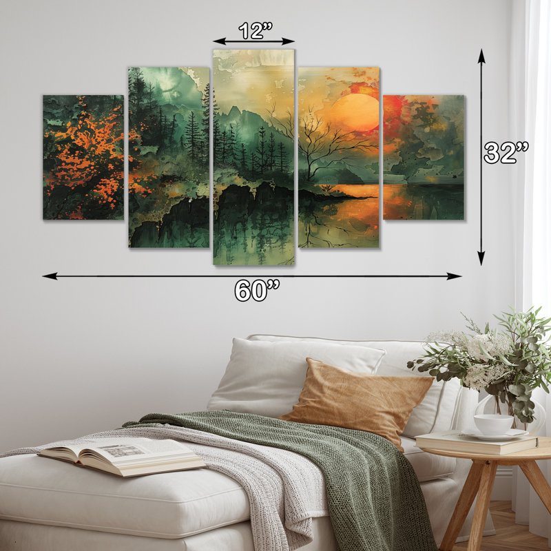 Green Autumn Enchantment Mountain Landscape - Abstract Landscape Canvas Art Set