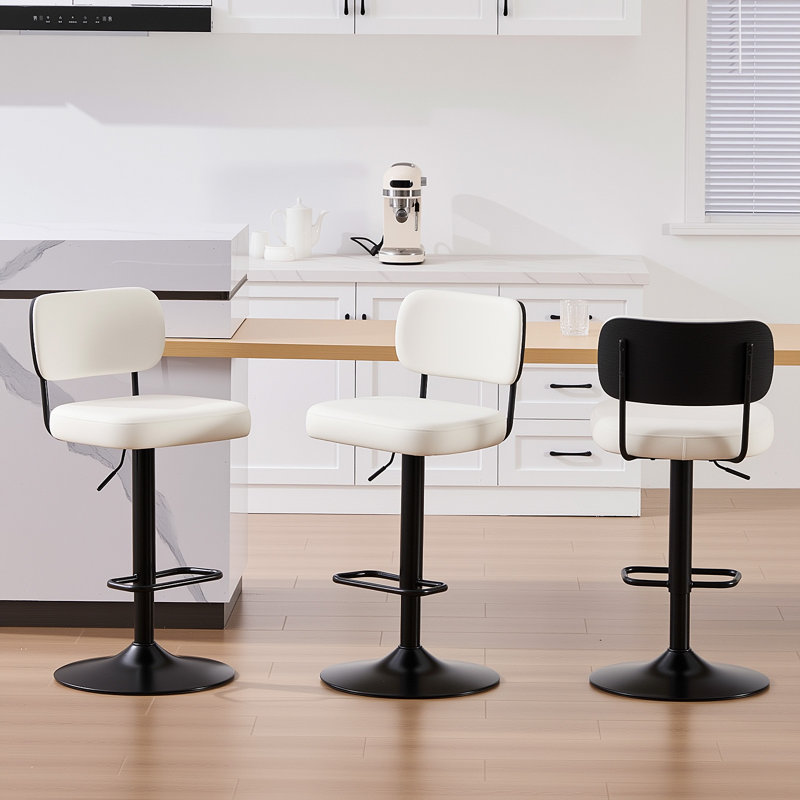 Adjustable Height 360° Swivel Bar Stools With Upholstered Back, White