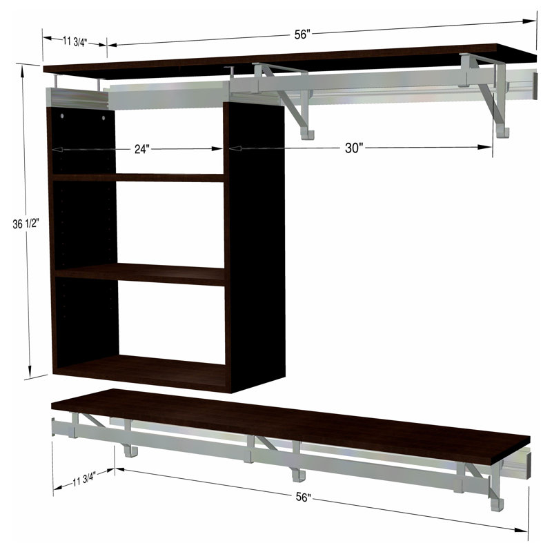 Double Shelf-Hang Closet Shelf with Adjustable 3 Shelf Cubby, Espresso, 36.5"H x 56"W x 12.25"D
