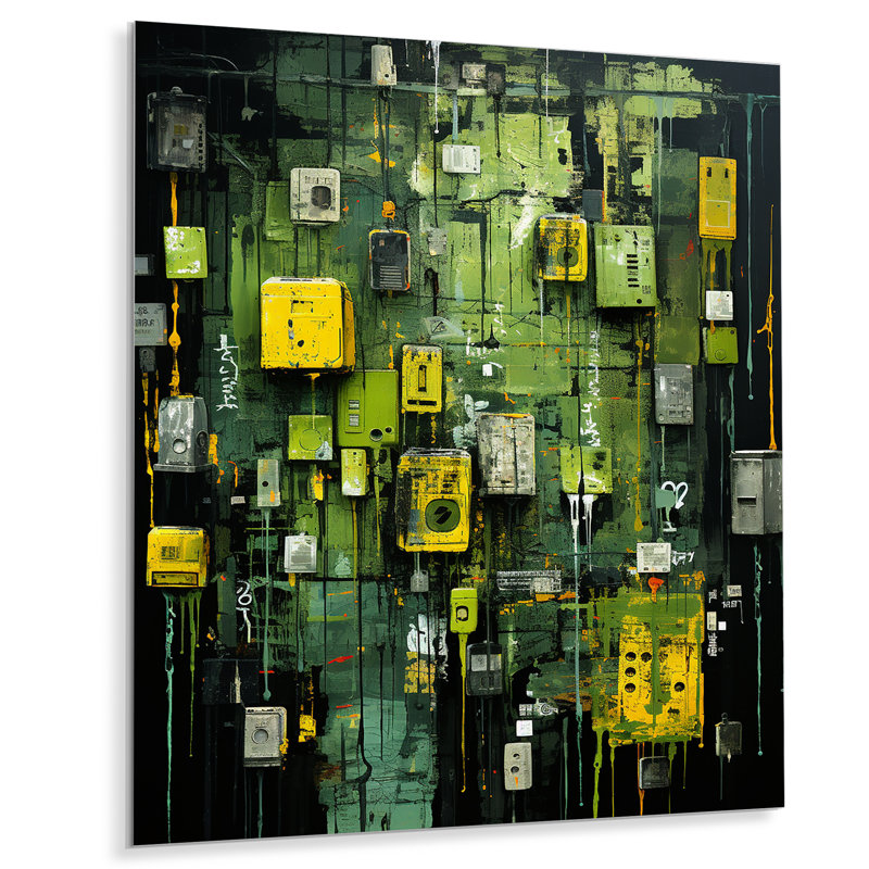 «Green Maya Shapes Mask III» - Décoration murale abstraite en métal, H 40 po x l 30 po x P 1,5 po