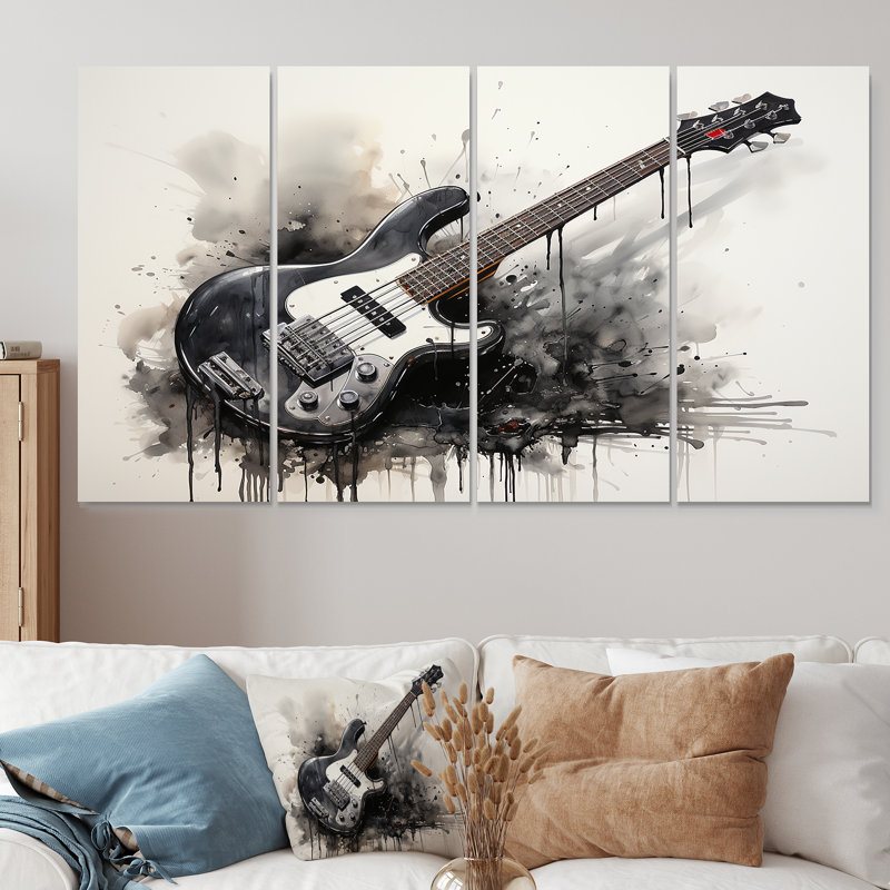 «Brown Charcoal Guitare Vibations II», art mural 4 pièces, H 28 po x l 48 po