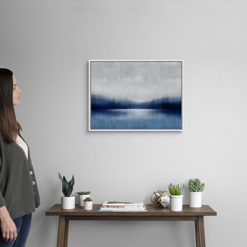 Reproduction d’art sur toile abstraite Landscape Indigo Lake 2 par David Moore, Cadre blanc, 20" H x 26" W x 1.75" D