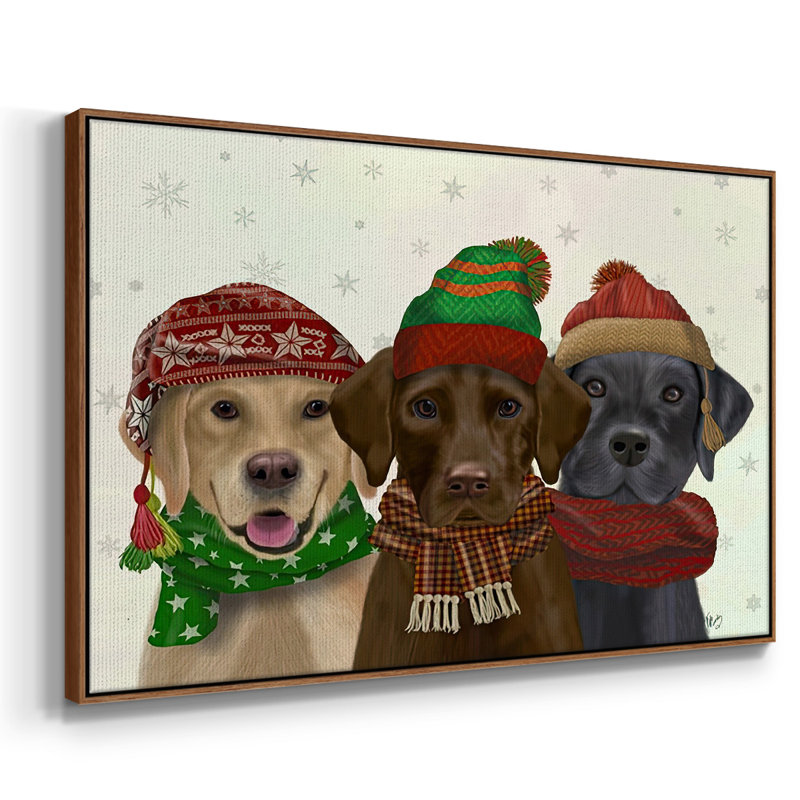 Christmas 3 Winter Labs, reproduction d'art sur toile, H 25 po x l 37 po x P 1,5 po, Cadre flottant noyer