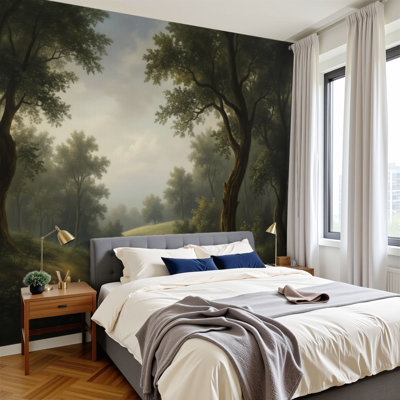 Peel and Stick Wallpaper Misty Forest Path Candlelight Woodland Soft Light Atmospheric Fantasy Wall Murals 100"H x 144"W Removable PVC Wall Paper Self-Adhesive Wall Decor for Bedroom Living Room Home Office