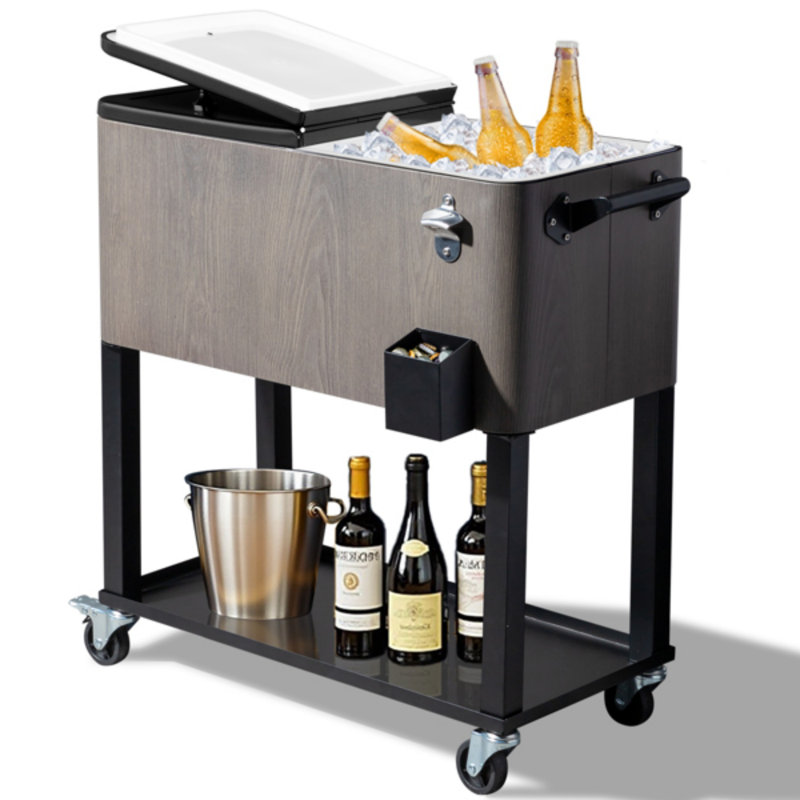 Glacière à roulettes à grain de bois pour l'extérieur de 80 pintes avec roulettes et tablette inférieure, Gris