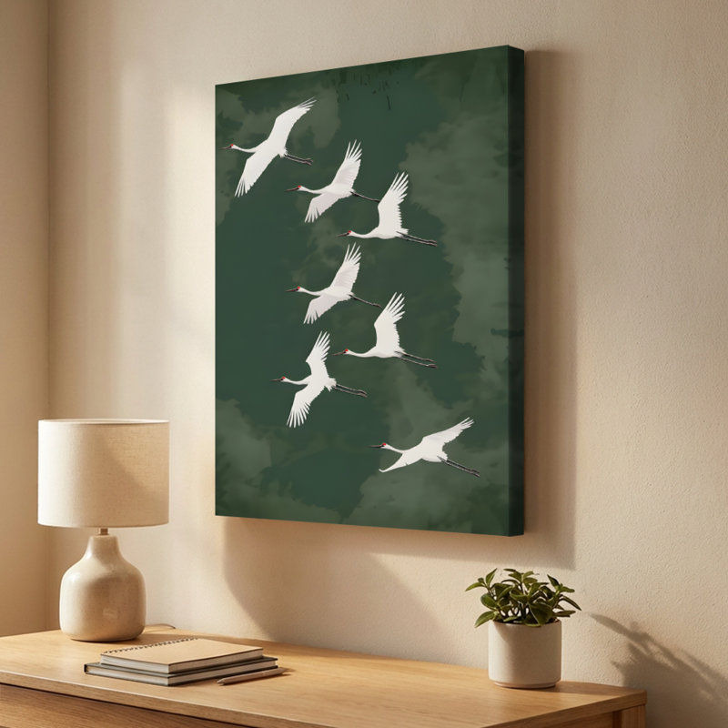 Grues blanches en vol au-dessus d'une toile de fond verte, art numérique éthéré. Peinture moderne, galerie profonde de 1 po, 24 po x 36 po