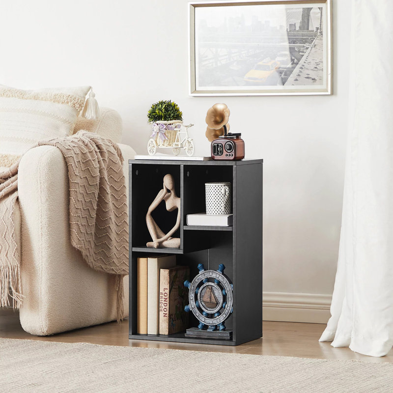 Black Nightstand with 3 Open Shelves, Small Bedside Table with Cube Storage, Black