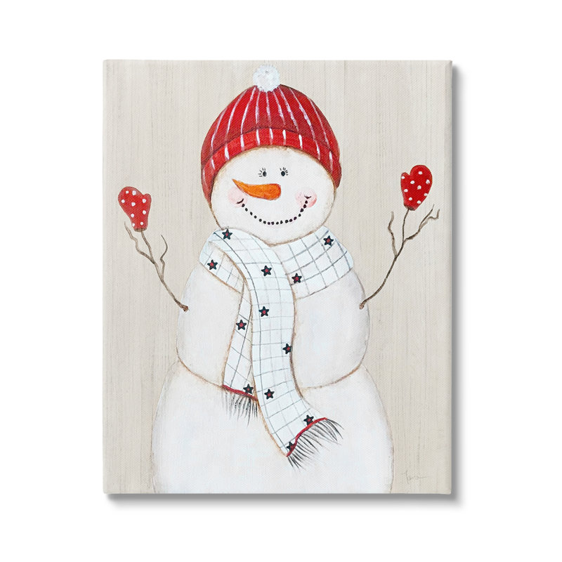 Aw-003-Canvas, bonhomme de neige saisissant, chapeau rouge souriant sur toile par Janet Tava, peinture