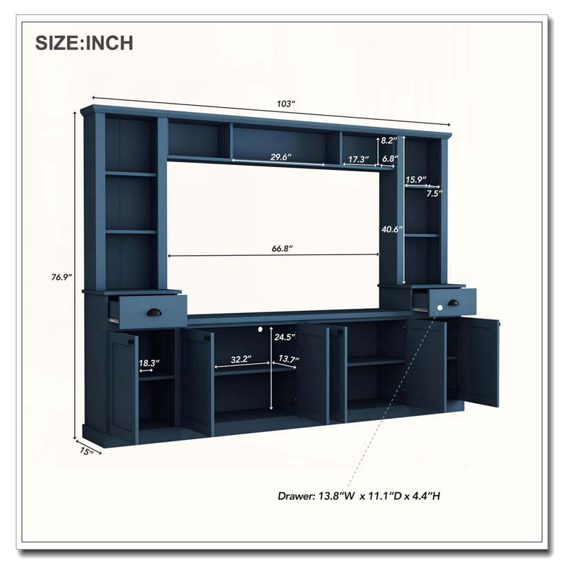 Minimalist Entertainment Wall Unit Set with Bridge for TVs Up to 75', Blue