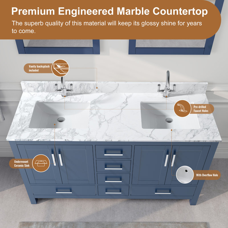 Riverford 60'' Fully Assembled Double Bathroom Vanity With Solid Surface White Granite Top