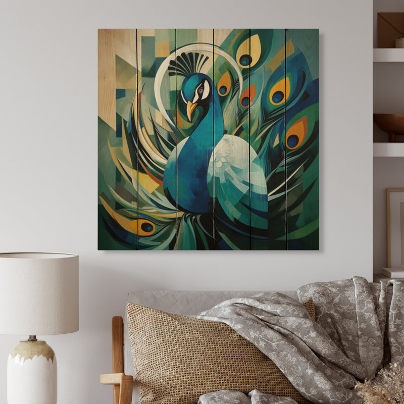 Vert vert bleu paon cubiste paon cubisme sur bois, H 30 po x l 30 po x P 0,78 po