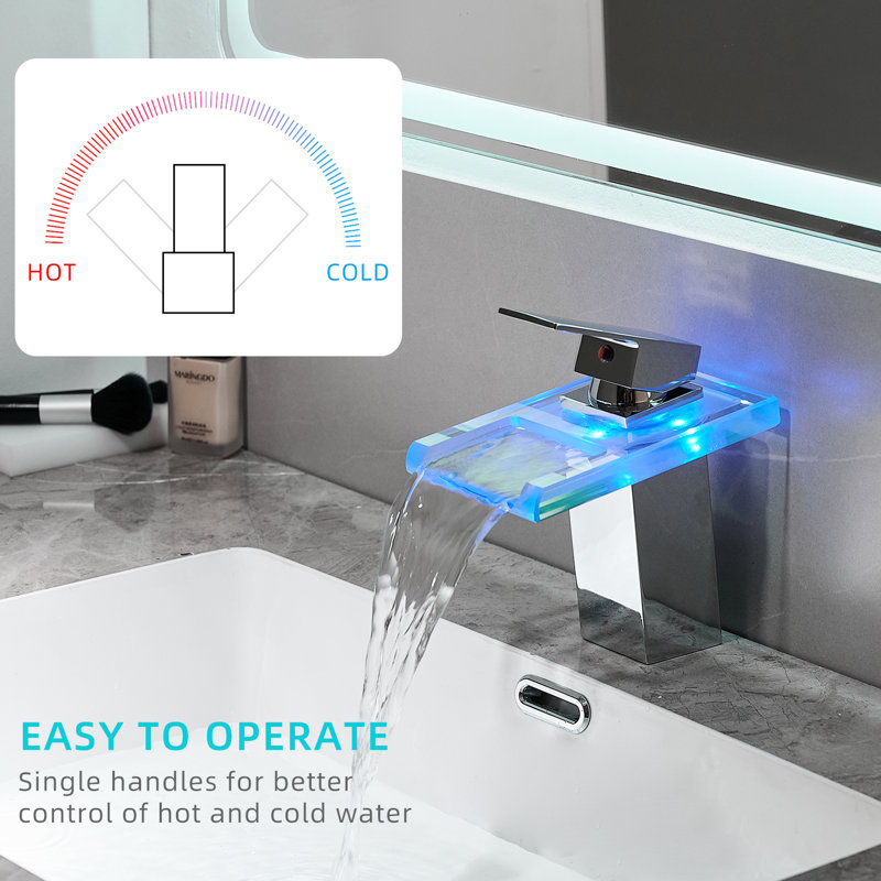 Robinet de lavabo de salle de bain à DEL: bec cascade, changement de 3 couleurs, fixation sur le comptoir, trou unique, robinet d'eau chaude et froide avec DEL: cascade à changement de couleur et mélange