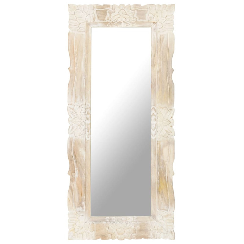 Miroir décoratif pour salle de bain en bois de manguier massif sculpté à la main, 43,3 po x 19,7 po, Blanc