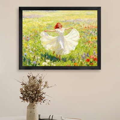 Black Framed Vintage A white clothed woman blooming in the flower field Wall Art Impressionist pastoral lyricism Style Framed Prints