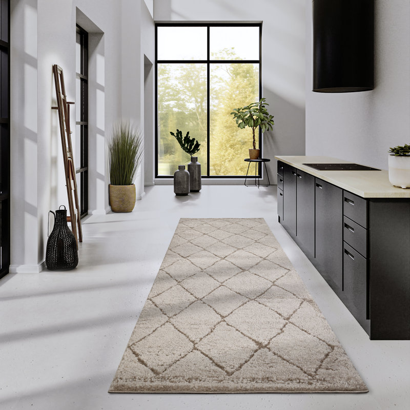 , Beige Gallery Geometric Machine Woven Area Rug, Runner 80 x 240cm
