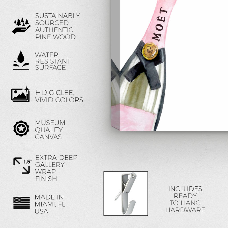 Drinks and Spirits French Cheers Champagne Bottles - impression d'art graphique, H 15 po x l 10 po x P 1,5 po, Toile tendue