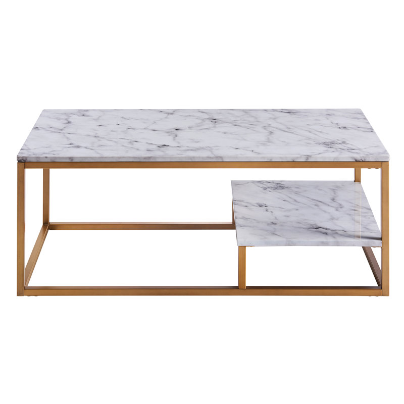 Carbone Modern Marble Effect Coffee Table with Lower Shelf Storage and Brass-Finish Frame