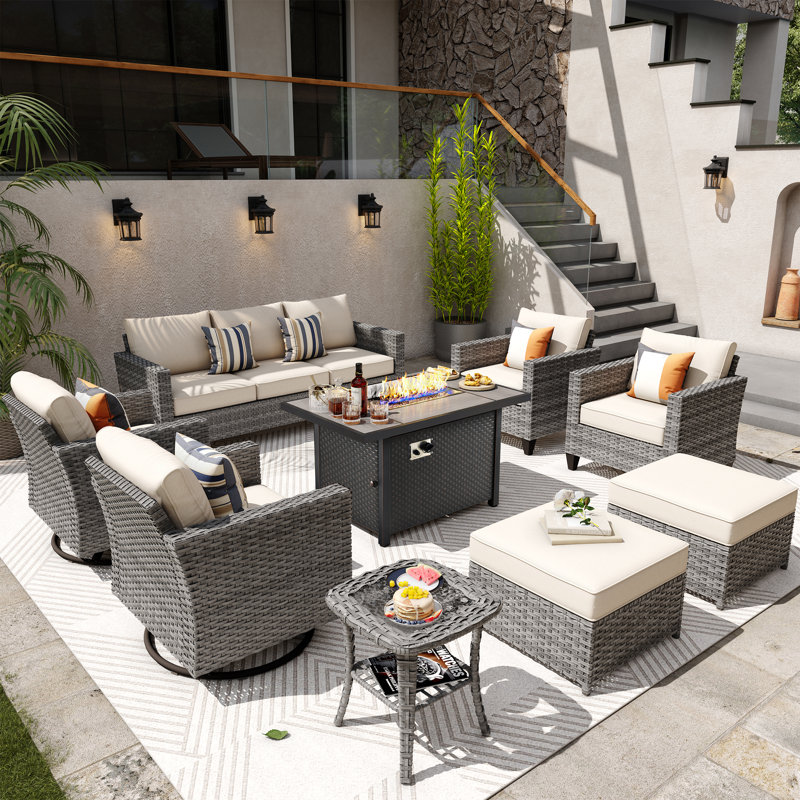 GRS Premium All-Weather Wicker 9 - Person Patio Conversation Sets with Cushions, Beige, Yes