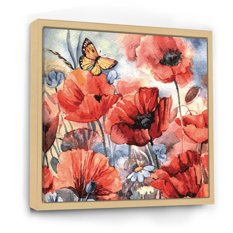 «Abstract Poppies Flower», reproduction d'art sur toile encadrée, H 16 po x l 16 po x P 1 po, Cadre flottant brun