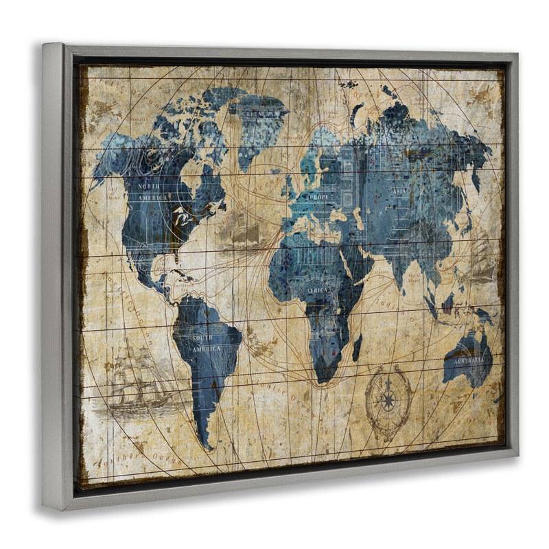 Art mural rétro sur carte du monde abstrait par Art Licensing Studio, Cadre flottant gris lustré, H 17 po x l 21 po