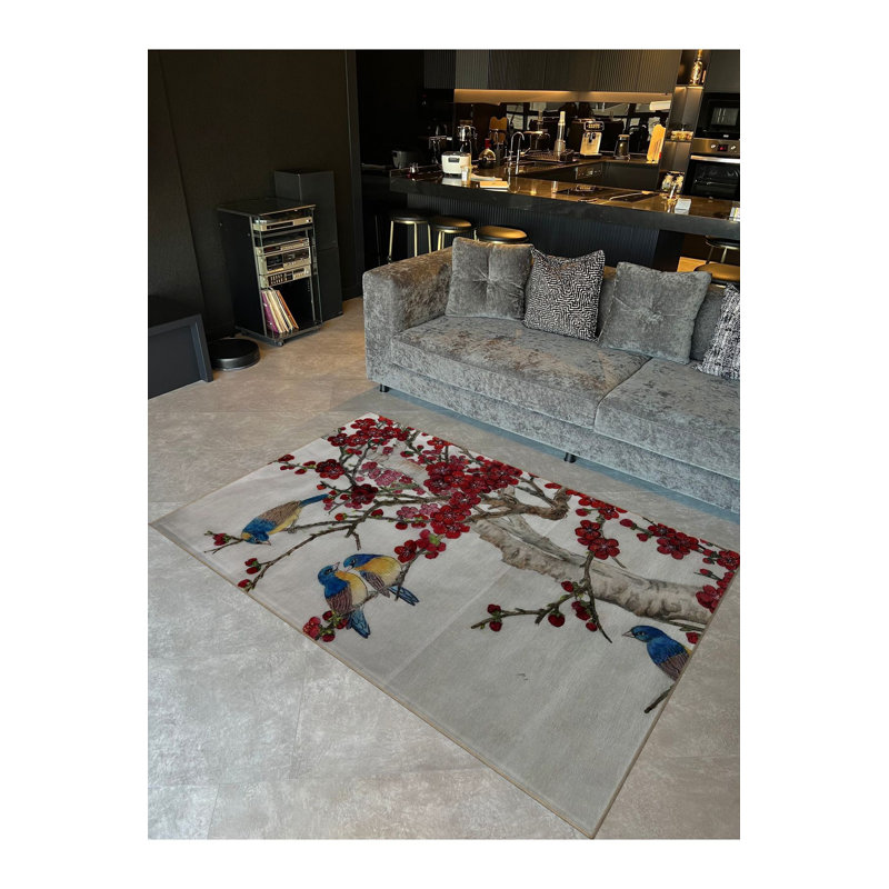 Tapis décoratif lavable à la machine moderne à branches fleuries et oiseaux bleus