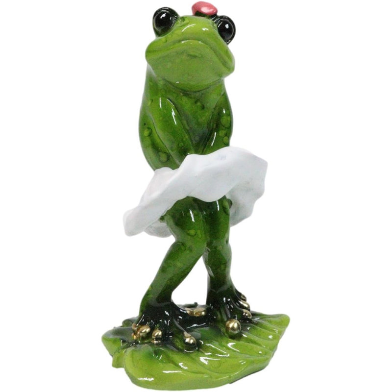 Figurine de grenouille verte avec un ruban rose et une robe de cocktail blanche