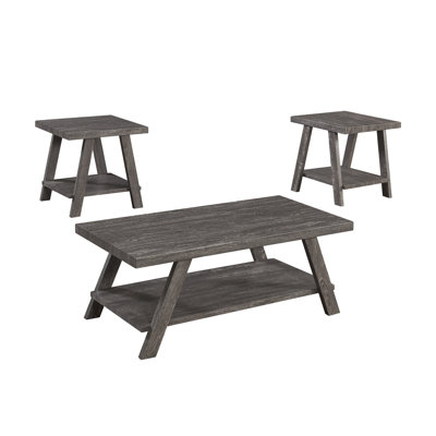 3PC Gray Coffee Table Set Coffee Table and 2 End Tables Wood Grain Finish Built-In Storage Shelf Contemporary Living Room Home