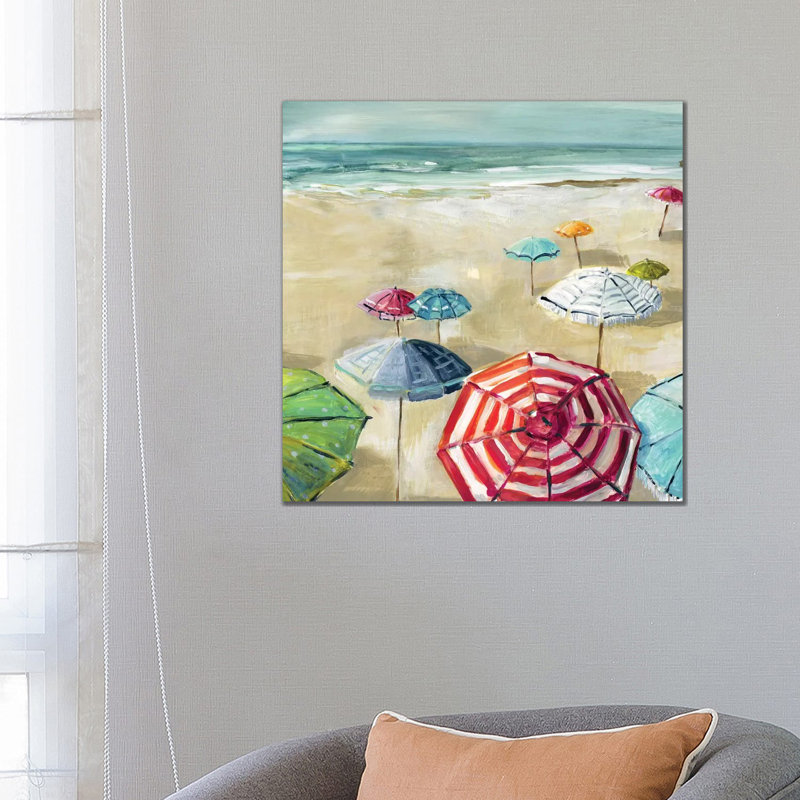 «Umbrella Beach II» par Carol Robinson - reproduction imprimée, H 26 po x l 26 po x P 1,5 po, Toile tendue, Pas de tapis