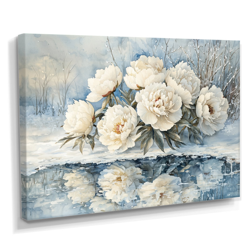 Pivoines blanches par l'étang gelé II - pivoines, art mural, H 12 po x l 20 po, Toile tendue, Ne s’applique pas