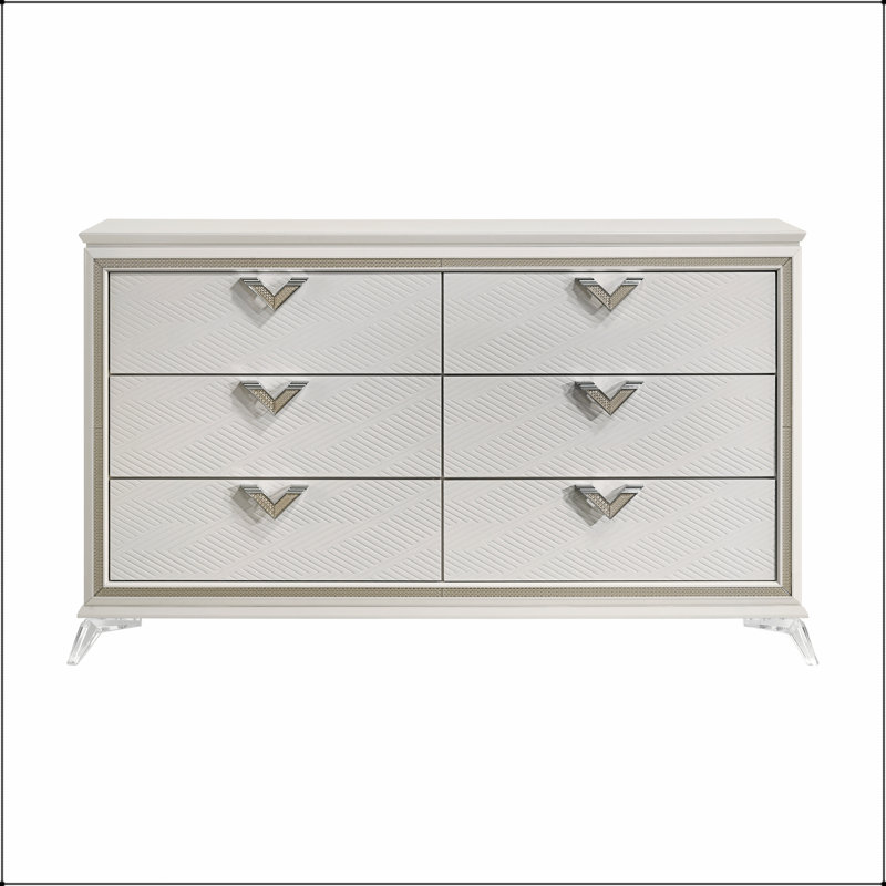 Commode à 6 tiroirs au fini blanc antique avec accents dorés, durable et élégante pour les chambres de luxe modernes