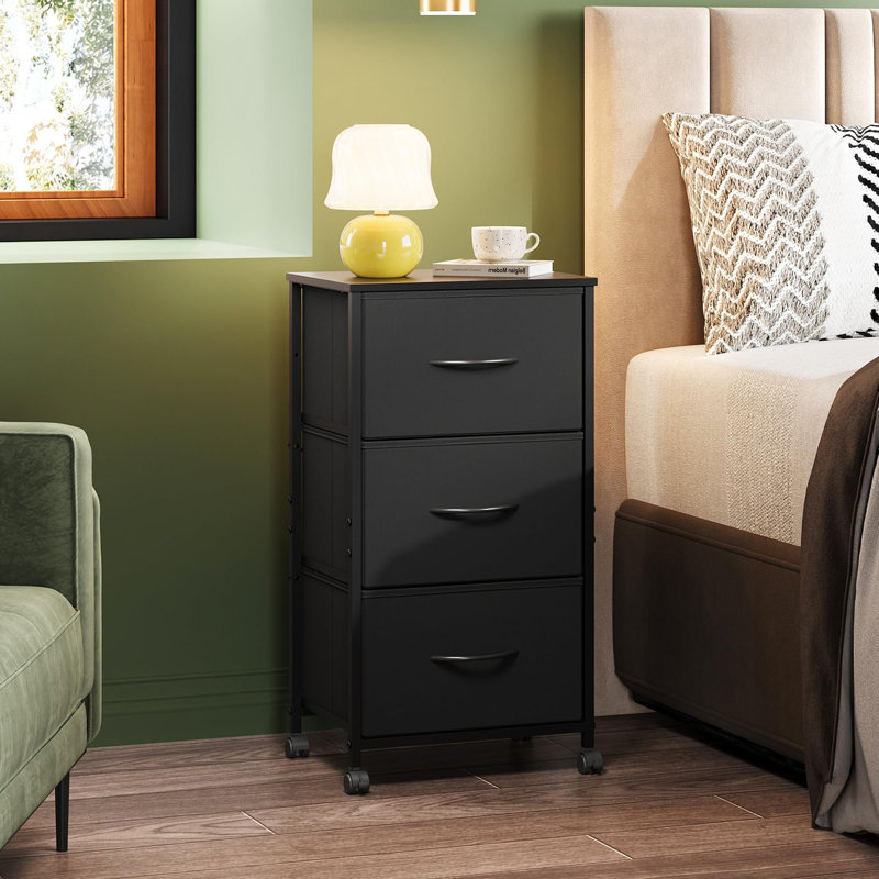 Dresser with 3 Drawers, Fabric Nightstand, Cabinet with Wheels, Organizer Storage Dresser for Bedroom, Office, Entryway, Closets, Sturdy Steel Frame, Wood Top, Easy Pull Handle