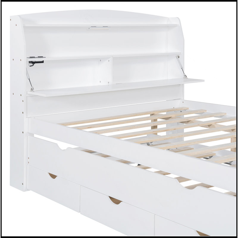 Lit plateforme à DEL avec lit gigogne, tête de lit avec rangement et tiroirs, Lit double, Blanc
