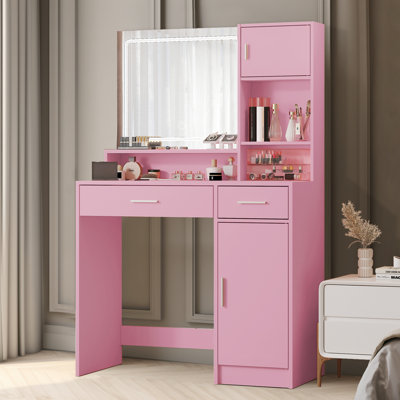 Bureau de coiffeuse avec miroir et bande lumineuse à DEL, coiffeuse avec grand tiroir, commode de rangement à 3 niveaux et 3 modes d'éclairage à luminosité réglable