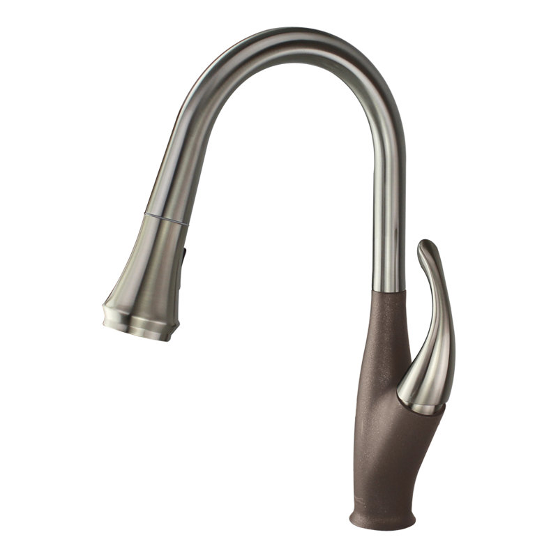 Robinet de cuisine à poignée simple pull out Layla, Acier inoxydable de luxe / Espresso