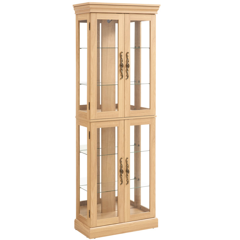 Adjustable Shelves Lighted Glass Cabinet - Oak Finish Vintage-Style For Displays