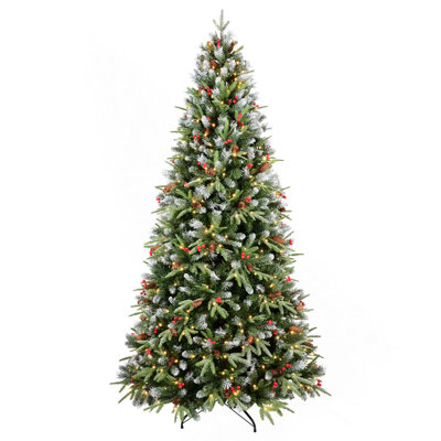 Arbre de Noël à charnière en PE + PVC avec lumières DEL blanc chaud, baies et pommes de pin