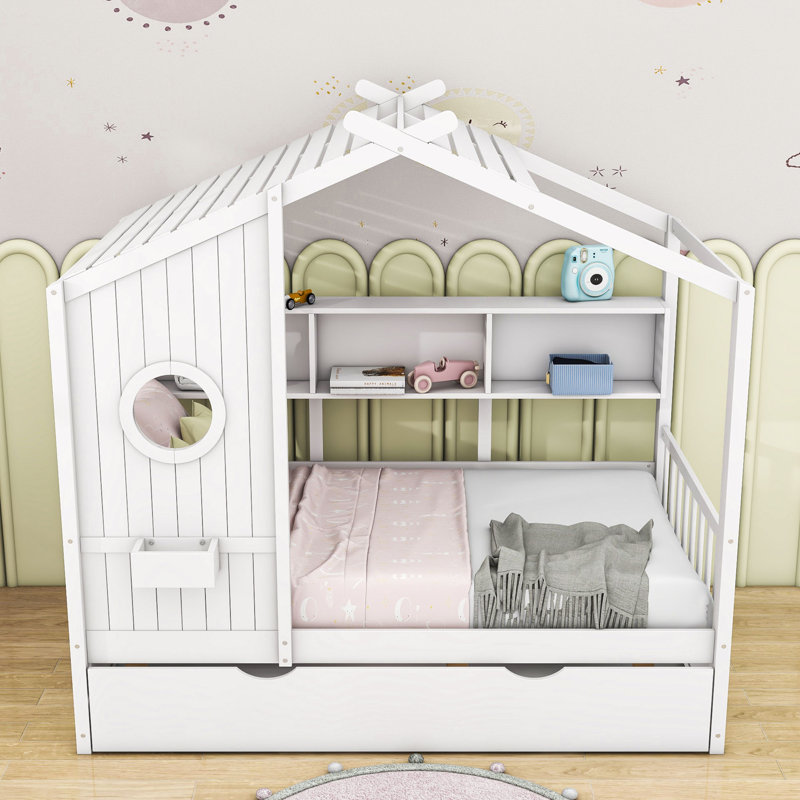 Aliyyah Wood House Daybed With Twin Size Trundle and Shelves, Twin, White