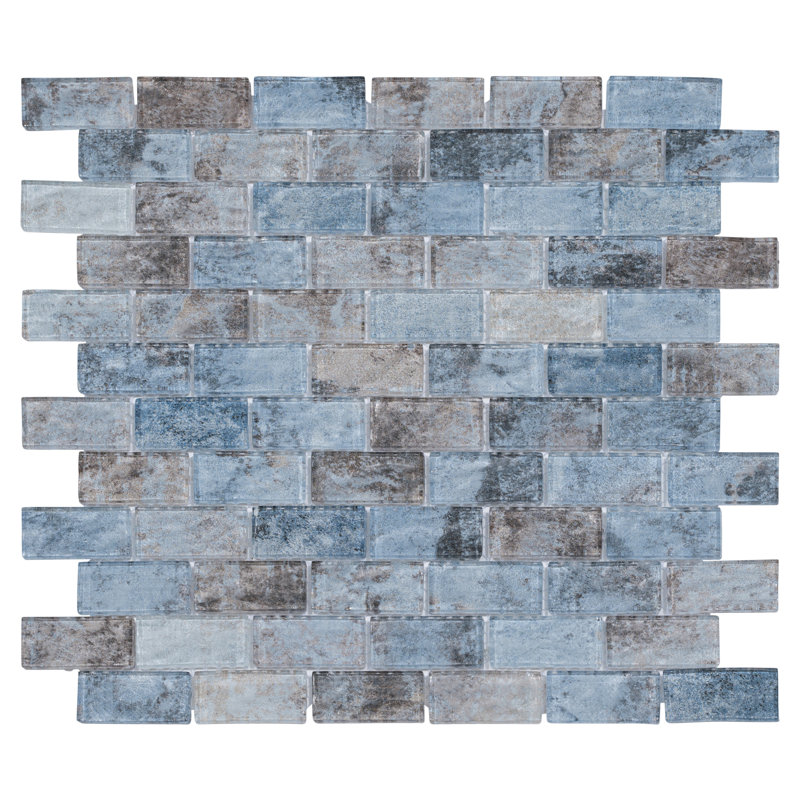 Simeon Xandu bleu 1 po X Carreau de mosaïque mural en verre aspect béton à joint brique 2 po, Bleu/brun