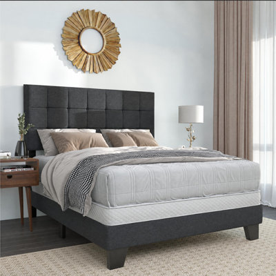Lit plateforme tapissier à hauteur réglable avec tête de lit capitonnée, taille double, sommier requis