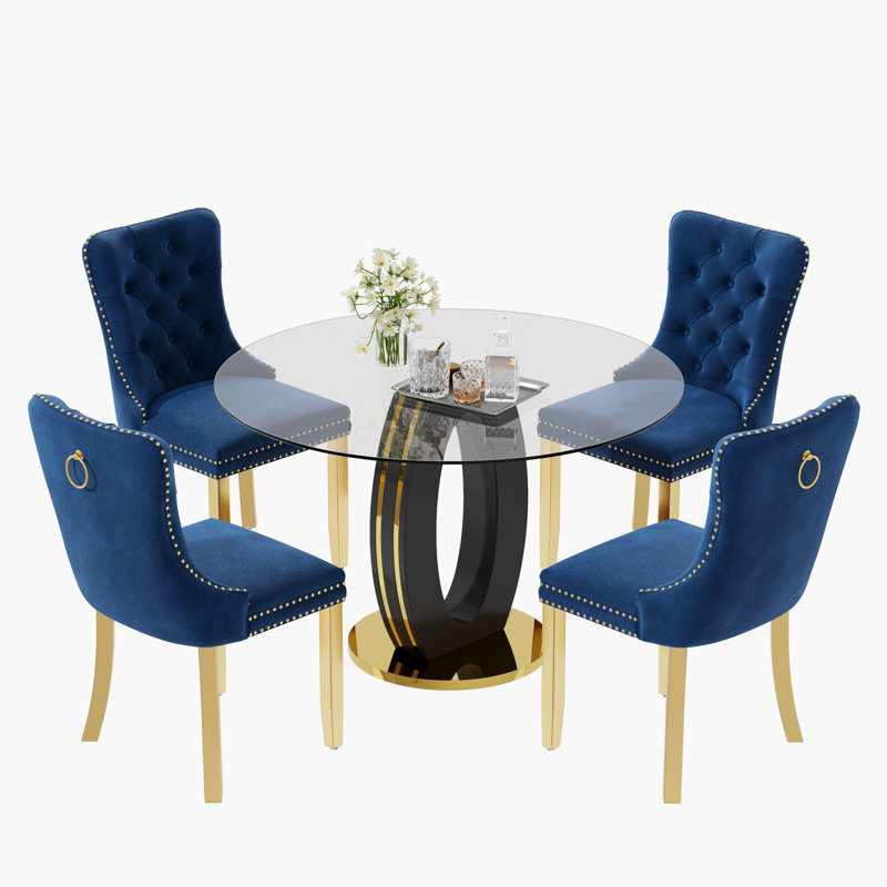 High Gloss Round Dining Table Set with 4 Velvet Dining Chairs, Blue, Black/Gold