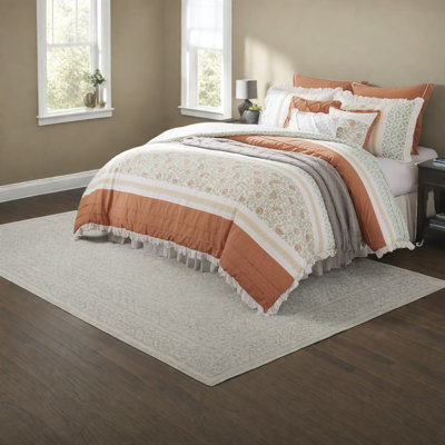 Elegant 9-piece Cotton Comforter Bedding Set, Coral Farmhouse Design For King Beds