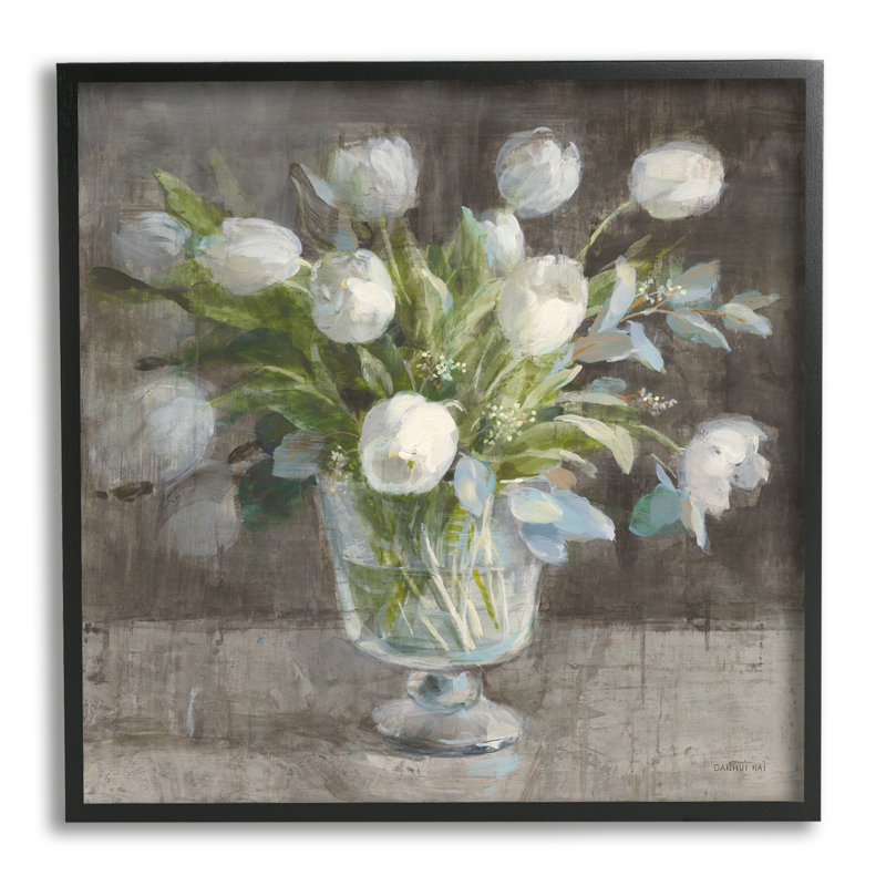 Vase rustique tulipe blanche par Danhui Nai, Giclée encadrée noir minuit, H 17 po x l 17 po x P 1,5 po