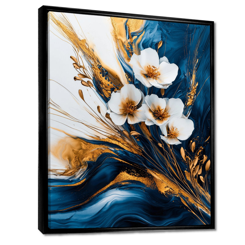 Mykeshia Golden Petunias Flowers On Aqua River Of Marble I - Petunias Large Wall Art, Black, Floater Framed Print